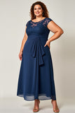 Navy Plus Size Chiffon Mother of the Bride Dress with Lace