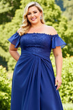 Navy Plus Size Ruched Off the Shoulder Long Mother of the Bride Dress