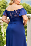 Navy Plus Size Ruched Off the Shoulder Long Mother of the Bride Dress