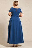 Ink Blue A Line Satin Long Plus Size Mother of the Bride Dress with Short Sleeves