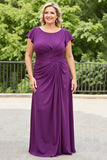 Purple Sheath Chiffon Plus Size Mother of the Bride Dress with Short Sleeves