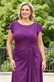 Purple Sheath Chiffon Plus Size Mother of the Bride Dress with Short Sleeves