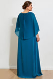 Peacock A Line Chiffon Cape Long Plus Size Mother of the Bride Dress with Lace
