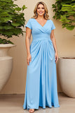 Sky Blue V-Neck Satin Long Plus Size Mother of the Bride Dress with Short Sleeves