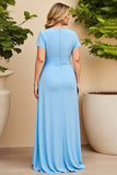 Sky Blue V-Neck Satin Long Plus Size Mother of the Bride Dress with Short Sleeves