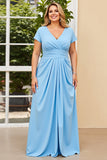 Sky Blue V-Neck Satin Long Plus Size Mother of the Bride Dress with Short Sleeves
