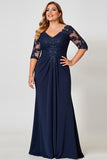 Navy Sheath V-Neck Satin Long Plus Size Mother of the Bride Dress with Half Sleeves