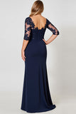 Navy Sheath V-Neck Satin Long Plus Size Mother of the Bride Dress with Half Sleeves