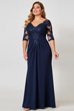 Navy Sheath V-Neck Satin Long Plus Size Mother of the Bride Dress with Half Sleeves