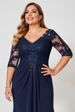Navy Sheath V-Neck Satin Long Plus Size Mother of the Bride Dress with Half Sleeves
