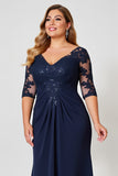 Navy Sheath V-Neck Satin Long Plus Size Mother of the Bride Dress with Half Sleeves