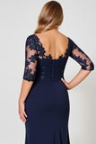 Navy Sheath V-Neck Satin Long Plus Size Mother of the Bride Dress with Half Sleeves