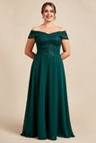 Off The Shoulder A Line Pine Satin Long Plus Size Mother of the Bride Dress with Lace