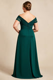 Off The Shoulder A Line Pine Satin Long Plus Size Mother of the Bride Dress with Lace