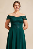 Off The Shoulder A Line Pine Satin Long Plus Size Mother of the Bride Dress with Lace