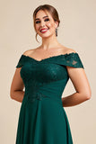 Off The Shoulder A Line Pine Satin Long Plus Size Mother of the Bride Dress with Lace
