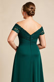 Off The Shoulder A Line Pine Satin Long Plus Size Mother of the Bride Dress with Lace