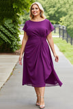 Purple A Line Chiffon Midi Plus Size Mother of the Bride Dress with Short Sleeves