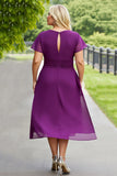 Purple A Line Chiffon Midi Plus Size Mother of the Bride Dress with Short Sleeves