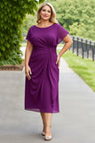 Purple A Line Chiffon Midi Plus Size Mother of the Bride Dress with Short Sleeves