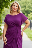 Purple A Line Chiffon Midi Plus Size Mother of the Bride Dress with Short Sleeves
