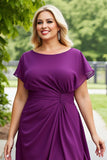 Purple A Line Chiffon Midi Plus Size Mother of the Bride Dress with Short Sleeves