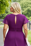 Purple A Line Chiffon Midi Plus Size Mother of the Bride Dress with Short Sleeves
