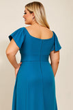 Peacock A Line Satin Square Neck Long Plus Size Mother of the Bride Dress