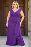 Purple Sheath V-Neck Satin Ruffled Long Plus Size Mother of the Bride Dress