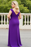 Purple Sheath V-Neck Satin Ruffled Long Plus Size Mother of the Bride Dress