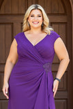Purple Sheath V-Neck Satin Ruffled Long Plus Size Mother of the Bride Dress