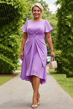 Lilac Chiffon A Line Round Neck Ruched Midi Plus Size Mother of the Bride Dress