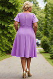 Lilac Chiffon A Line Round Neck Ruched Midi Plus Size Mother of the Bride Dress