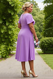 Lilac Chiffon A Line Round Neck Ruched Midi Plus Size Mother of the Bride Dress