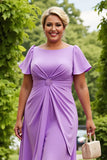 Lilac Chiffon A Line Round Neck Ruched Midi Plus Size Mother of the Bride Dress