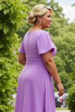 Lilac Chiffon A Line Round Neck Ruched Midi Plus Size Mother of the Bride Dress