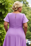 Lilac Chiffon A Line Round Neck Ruched Midi Plus Size Mother of the Bride Dress