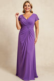 Purple Sheath V-Neck Chiffon Short Sleeves Long Plus Size Mother of the Bride Dress
