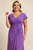 Purple Sheath V-Neck Chiffon Short Sleeves Long Plus Size Mother of the Bride Dress