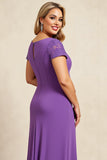 Purple Sheath V-Neck Chiffon Short Sleeves Long Plus Size Mother of the Bride Dress