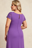 Purple Sheath V-Neck Chiffon Short Sleeves Long Plus Size Mother of the Bride Dress