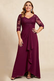 Burgundy V-Neck Chiffon Ruffled Long Plus Size Mother of the Bride Dress with Lace