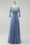 Dusty Blue A Line Chiffon Lace Plus Size Long Mother of the Bride Dress with Sleeves