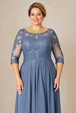 Dusty Blue A Line Chiffon Lace Plus Size Long Mother of the Bride Dress