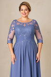 Dusty Blue A Line Chiffon Lace Plus Size Long Mother of the Bride Dress