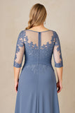 Dusty Blue A Line Chiffon Lace Plus Size Long Mother of the Bride Dress