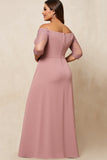 Dusty Rose A Line Off The Shoulder Satin Plus Size Long Mother of the Bride Dress