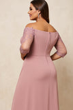 Dusty Rose A Line Off The Shoulder Satin Plus Size Long Mother of the Bride Dress