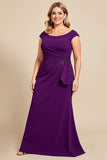 Purple Boat Neck Mermaid Chiffon Plus Size Long Mother of the Bride Dress