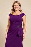 Purple Boat Neck Mermaid Chiffon Plus Size Long Mother of the Bride Dress